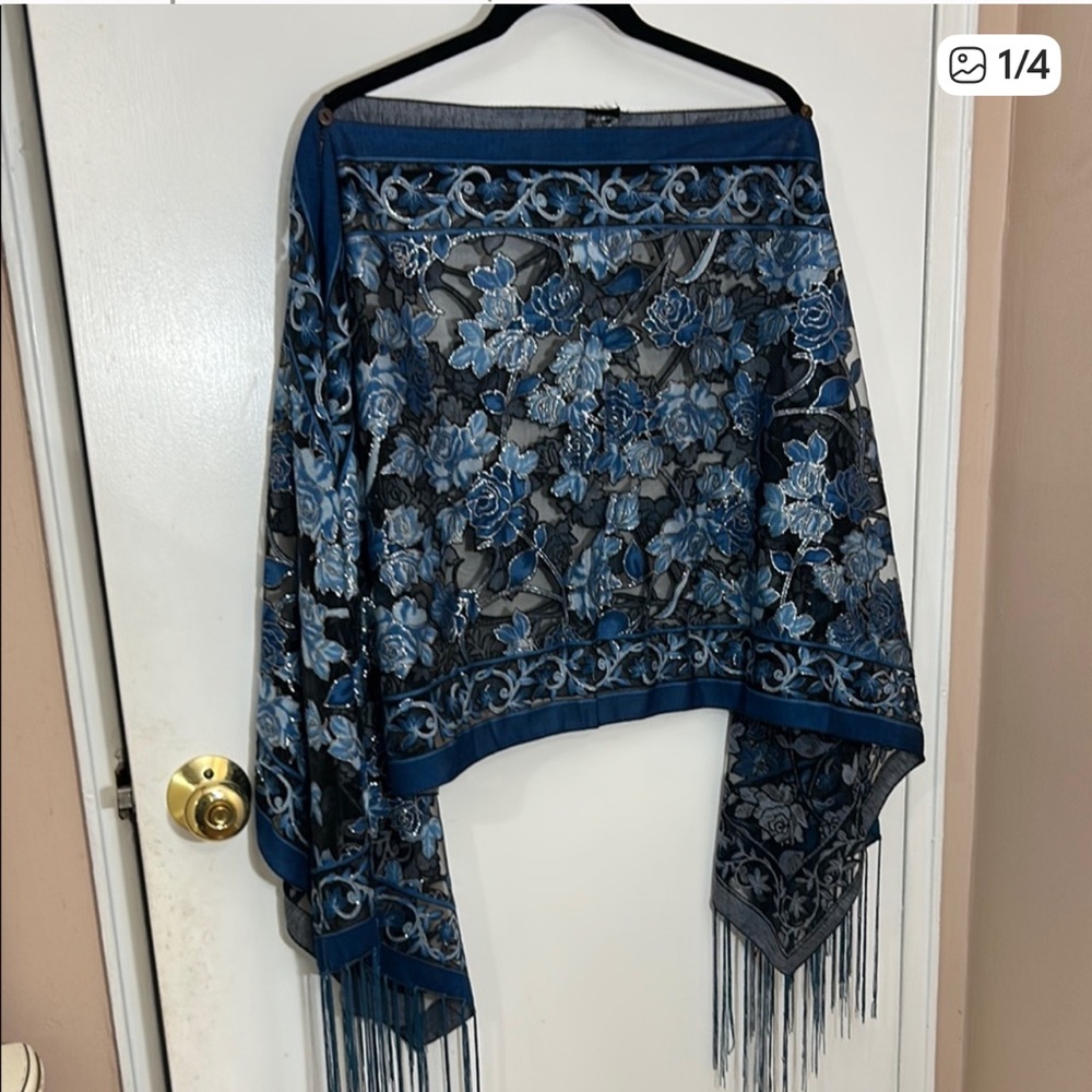 Luxe Blue and Sliver Shawl with Fringe